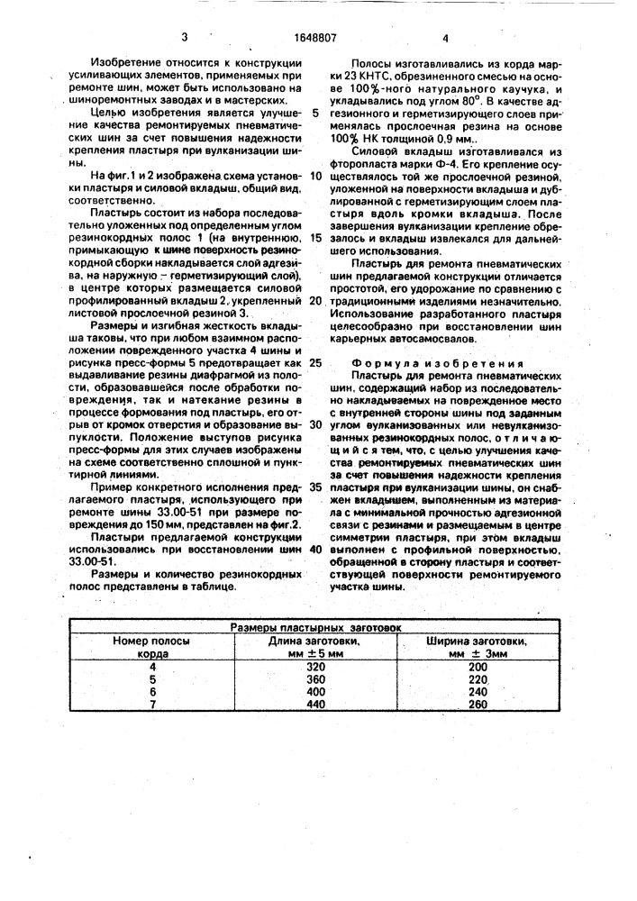 Пластырь для ремонта пневматических шин (патент 1648807)