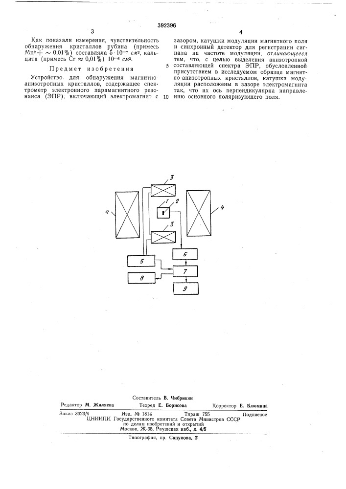 Устройство для обнаружения магнитно- анизотропных кристаллов (патент 392396)