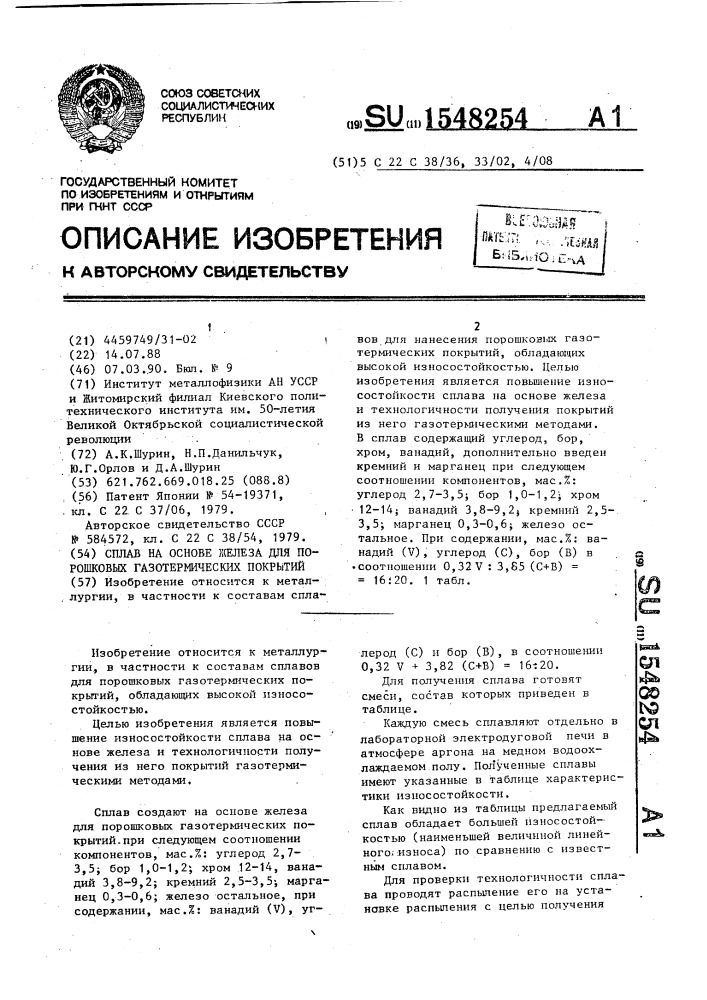 Сплав на основе железа для порошковых газотермических покрытий (патент 1548254)