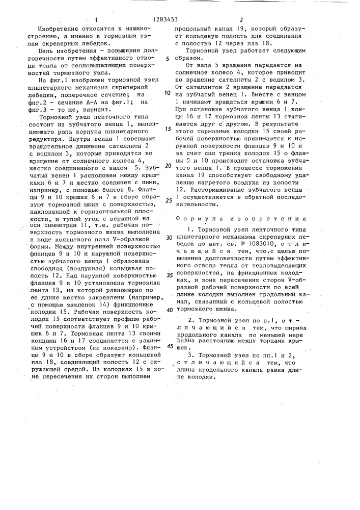 Тормозной узел ленточного типа планетарного механизма скреперных лебедок (патент 1283453)