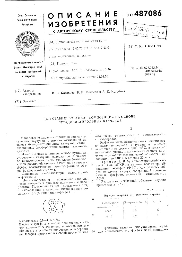 Стабилизированная композиция на основе бутадиен-стирольных каучуков (патент 487086)