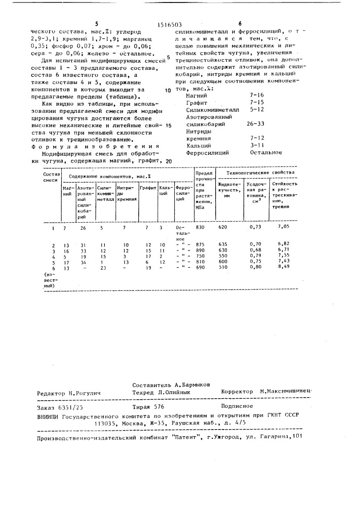 Модифицирующая смесь для обработки чугуна (патент 1516503)