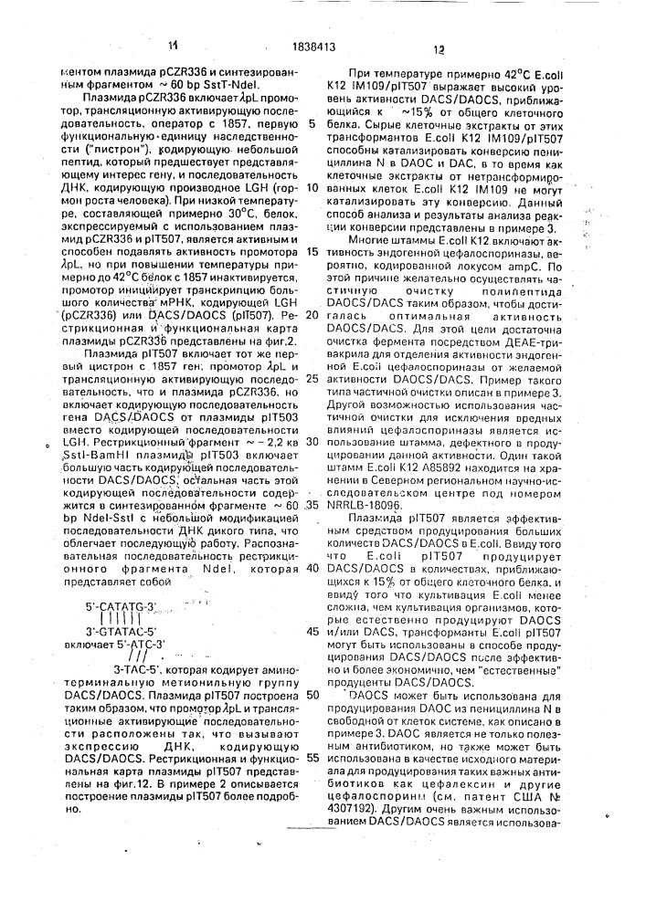 Способ экспрессии dacs/daocs активности в клетках еsснеriснiа coli (патент 1838413)