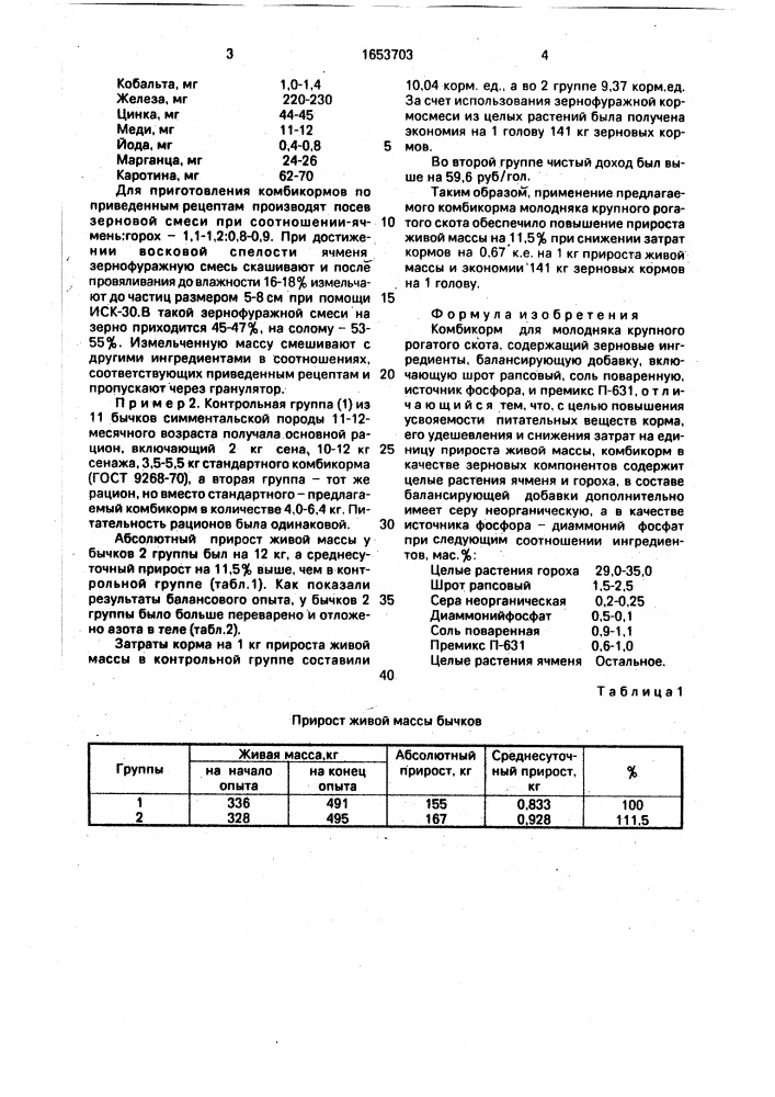 Комбикорм для молодняка крупного рогатого скота (патент 1653703)