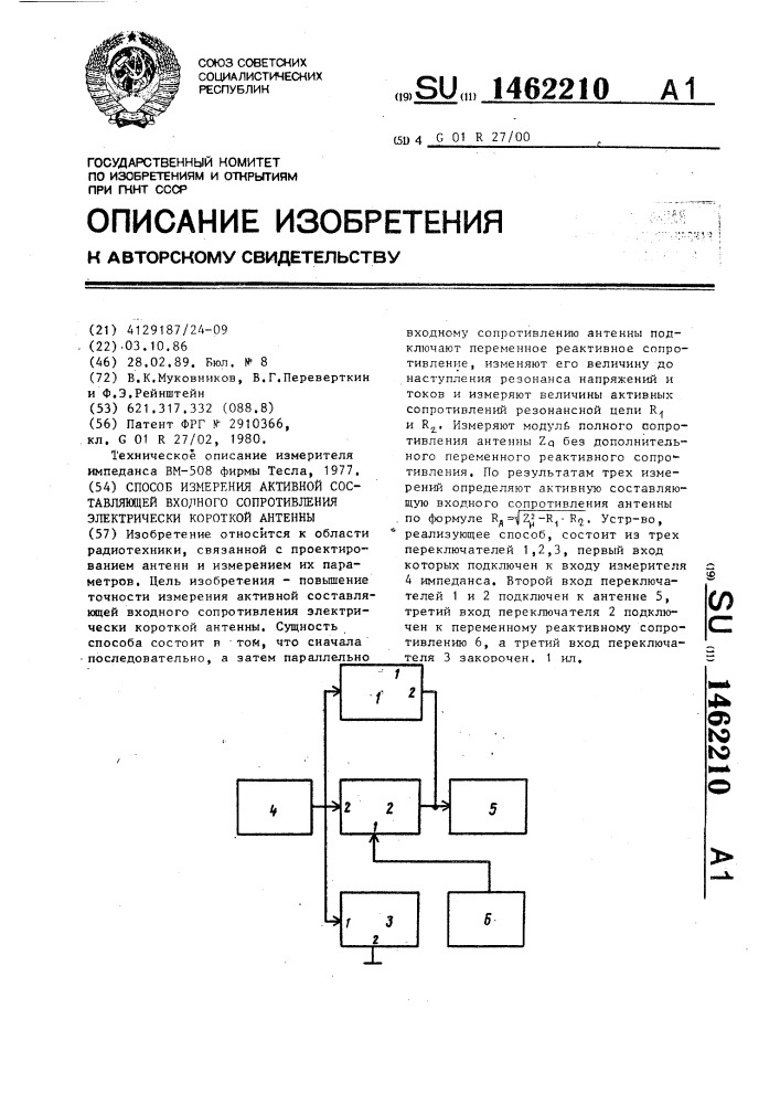 Способ измерения активной составляющей входного сопротивления электрически короткой антенны (патент 1462210)