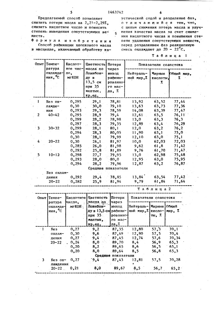 Способ рафинации хлопкового масла в мисцелле (патент 1463742)