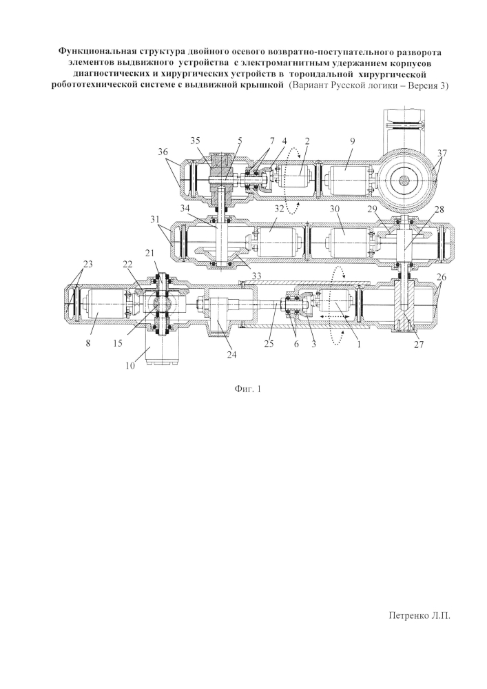 Функциональная структура двойного осевого возвратно-поступательного разворота элементов выдвижного устройства с электромагнитным удержанием корпусов диагностических и хирургических устройств в тороидальной хирургической робототехнической системе с выдвижной крышкой (вариант русской логики - версия 3) (патент 2594464)