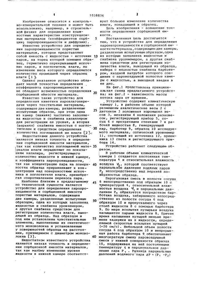 Устройство для определения паропроницаемости и сорбционной емкости материалов (патент 1038836)