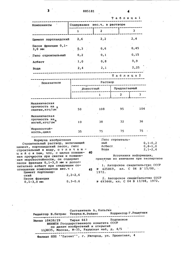 Строительный раствор (патент 885181)