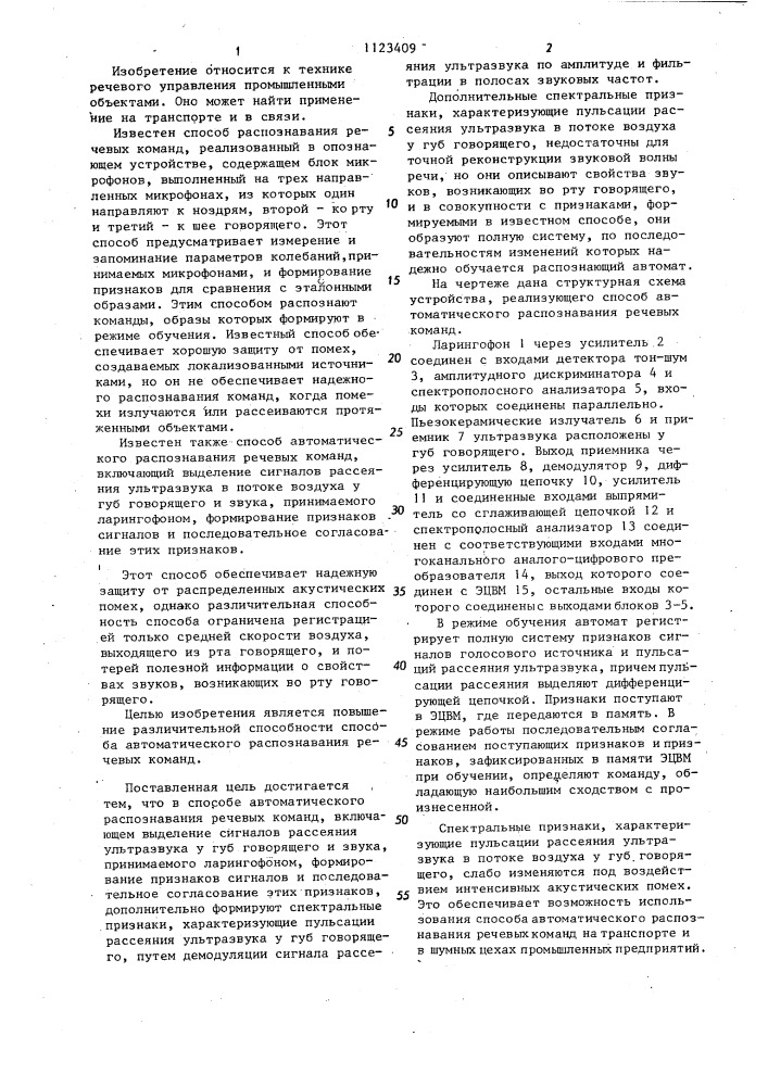Способ автоматического распознавания речевых команд (патент 1123409)