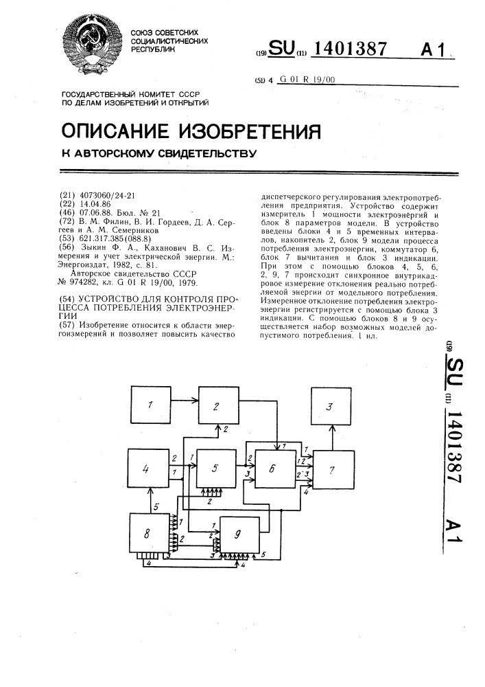Устройство для контроля процесса потребления электроэнергии (патент 1401387)