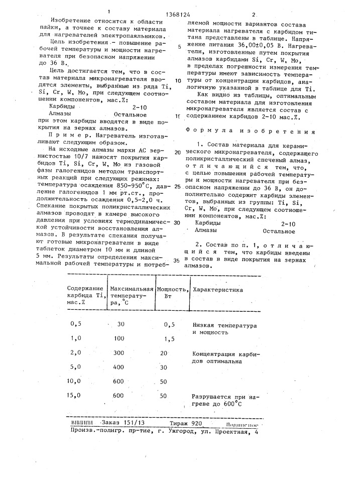 Состав материала для керамического микронагревателя (патент 1368124)