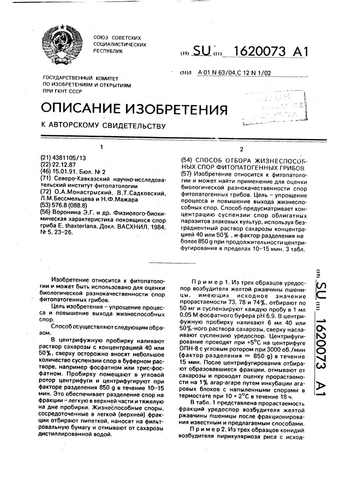 Способ отбора жизнеспособных спор фитопатогенных грибов (патент 1620073)