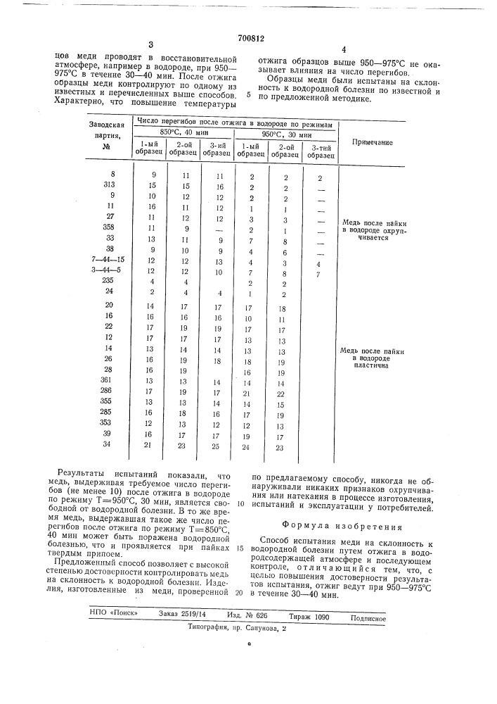 Способ испытания меди на склонность к "водородной болезни (патент 700812)