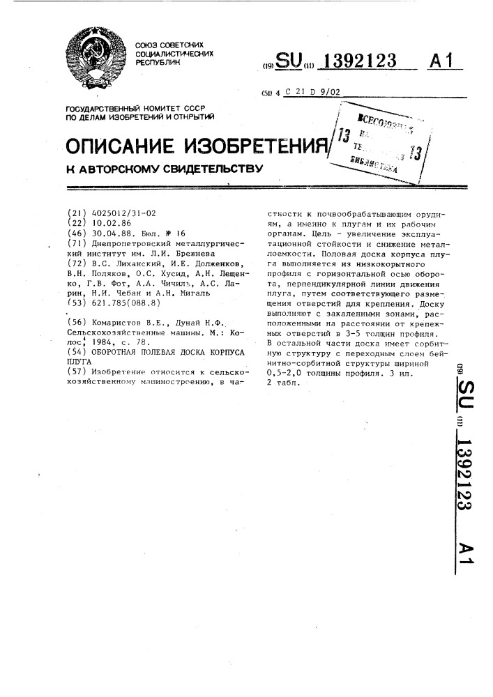 Оборотная полевая доска корпуса плуга (патент 1392123)