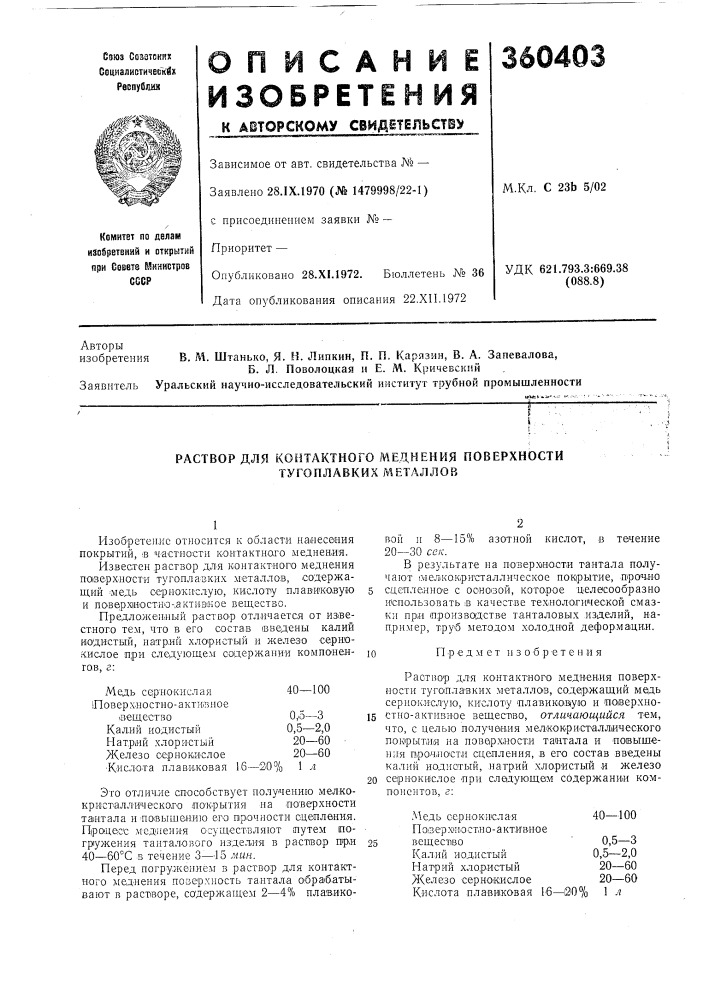 Раствор для контактного меднения поверхности тугоплавких металлов (патент 360403)