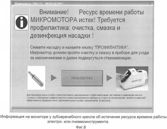 Способ контроля работы оборудования, электро- и пневмоинструмента для зубоврачебного кресла и система для его реализации (патент 2349294)