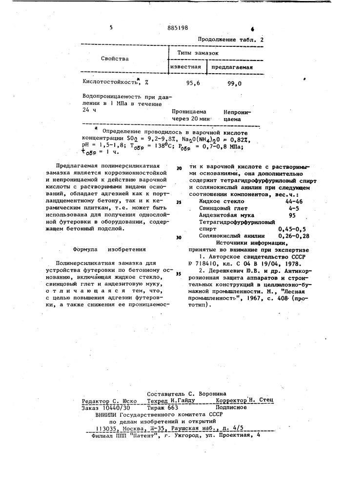 Полимерсиликатная замазка для устройства футеровки по бетонному основанию (патент 885198)