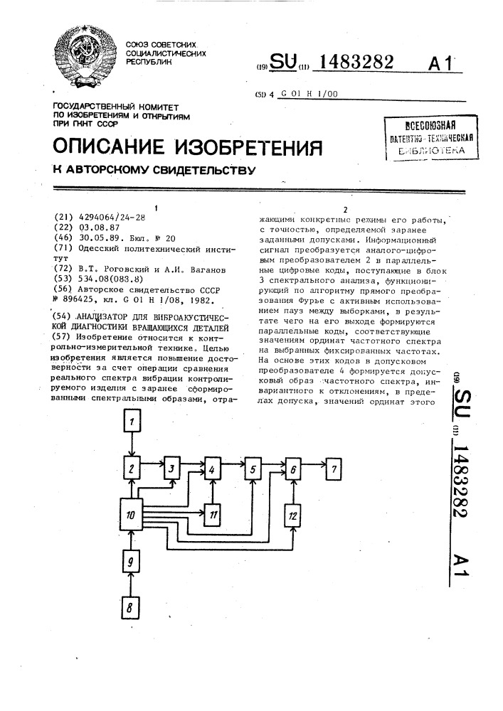 Анализатор для виброакустической диагностики вращающихся деталей (патент 1483282)