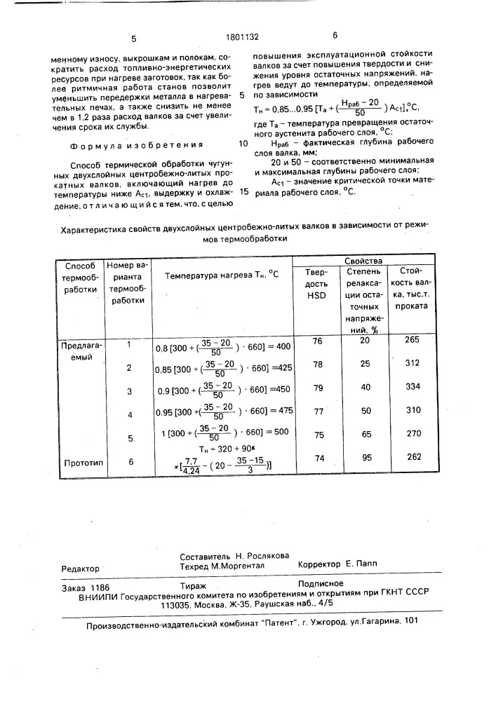Способ термической обработки чугунных двухслойных центробежно-литых прокатных валков (патент 1801132)