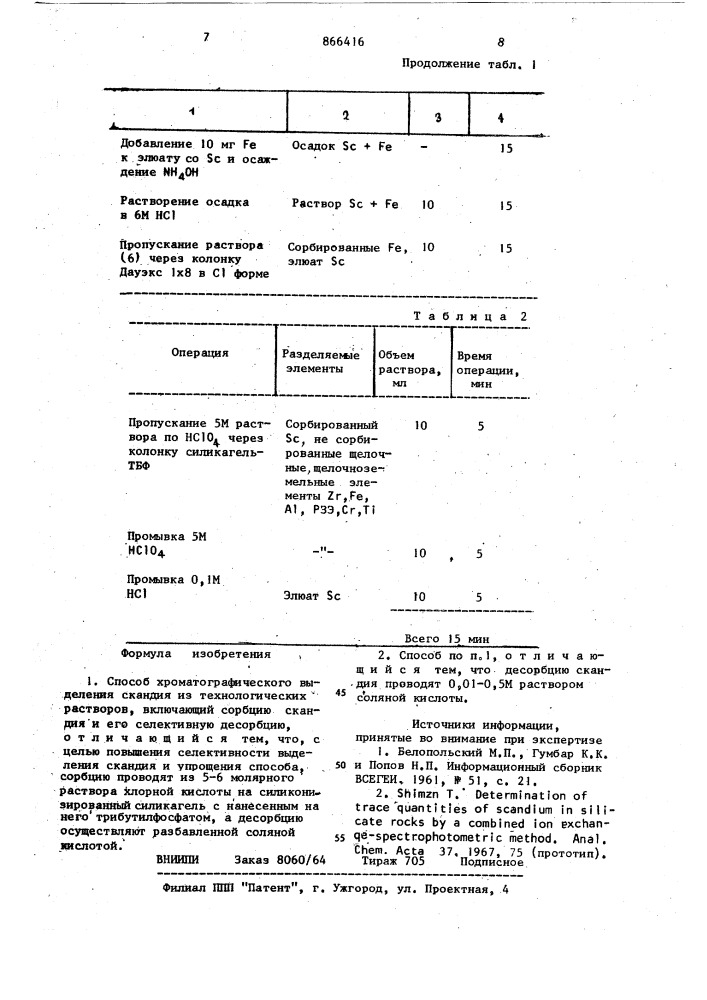 Способ хроматографического выделения скандия (патент 866416)