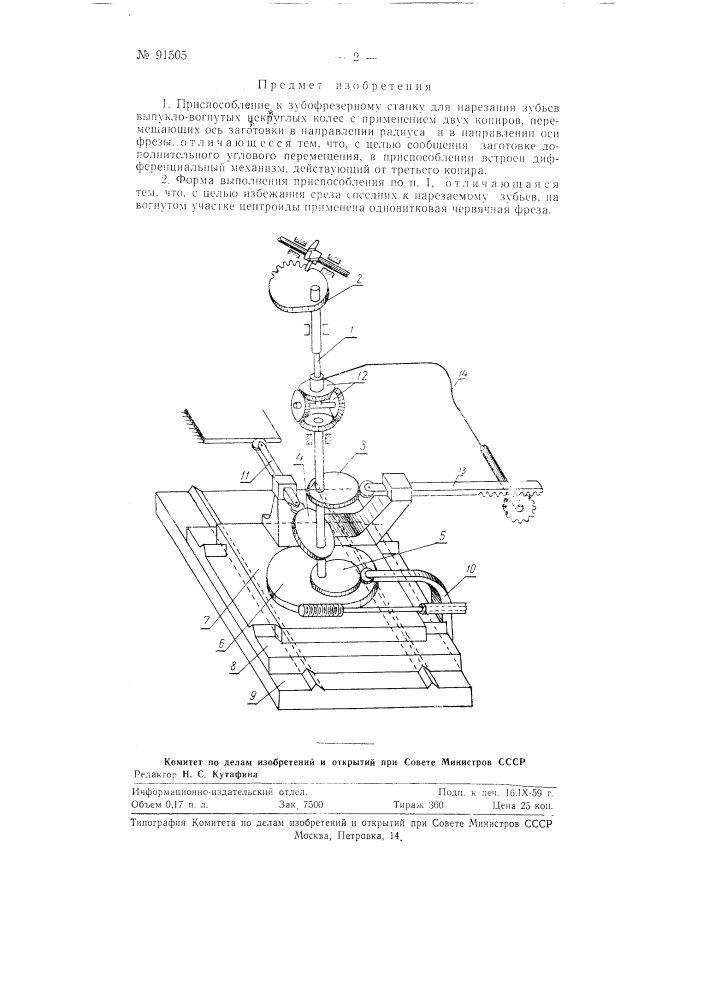 Приспособление к зубофрезерному станку для нарезания зубьев выпукло-вогнутых некруглых колес (патент 91505)