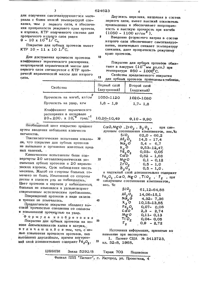 Покрытие для зубных протезов (патент 624623)