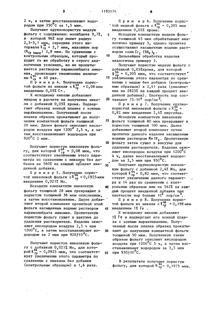 Способ получения пористых металлических материалов (патент 1193174)