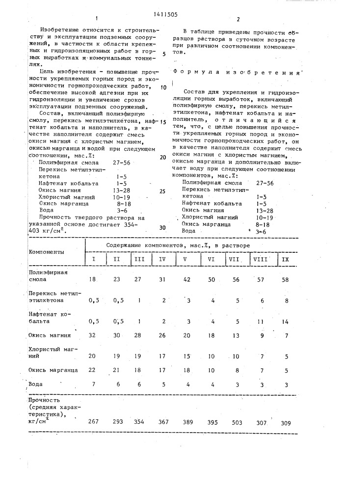 Состав для укрепления и гидроизоляции горных выработок (патент 1411505)