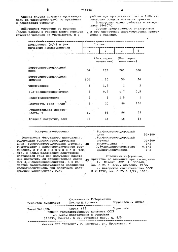 Электролит блестящего цинкования (патент 791790)