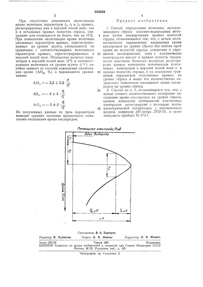 Способ определения величины артерио-венозного сброса (патент 255639)