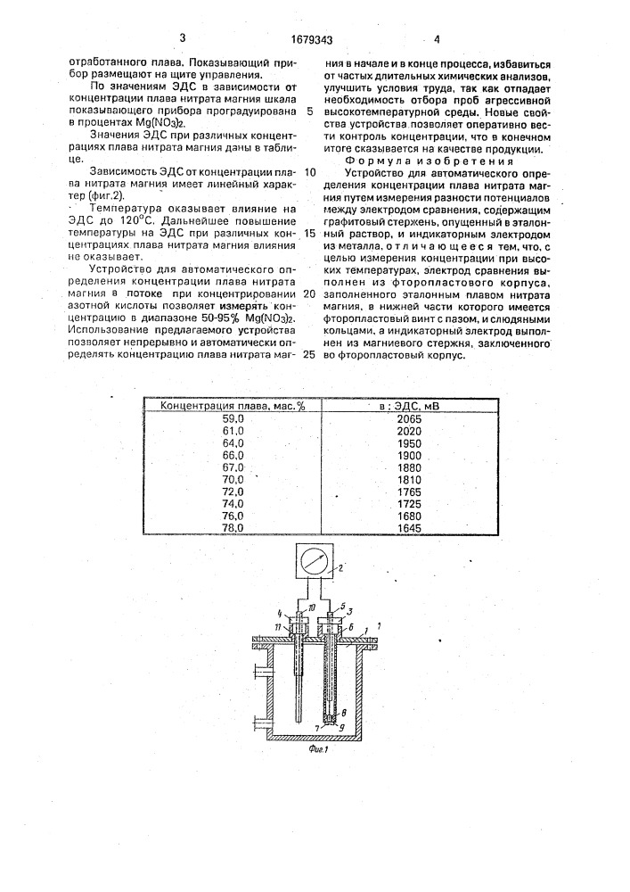Устройство для автоматического определения концентрации плава нитрата магния (патент 1679343)