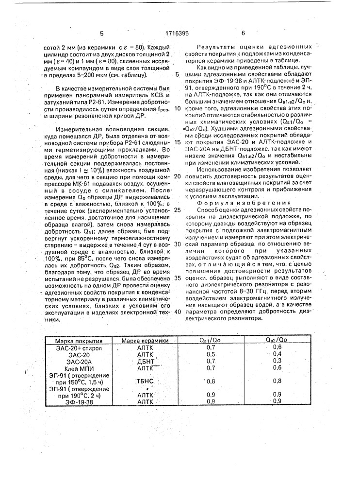 Способ оценки адгезионных свойств покрытия на диэлектрической подложке (патент 1716395)