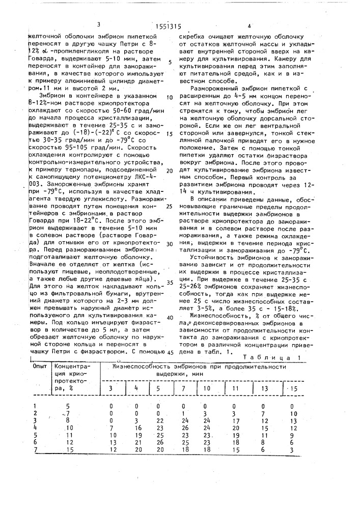 Способ замораживания эмбрионов кур (патент 1551315)