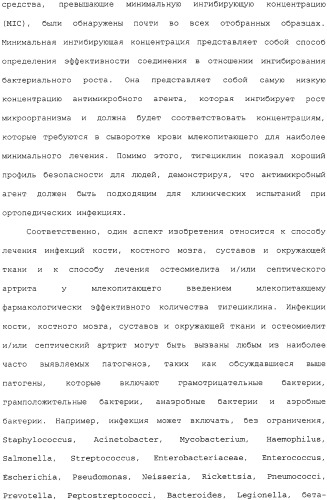 Применение тигециклина, в отдельности или в комбинации с рифампином, для лечения остеомиелита и/или септического артрита (патент 2329047)