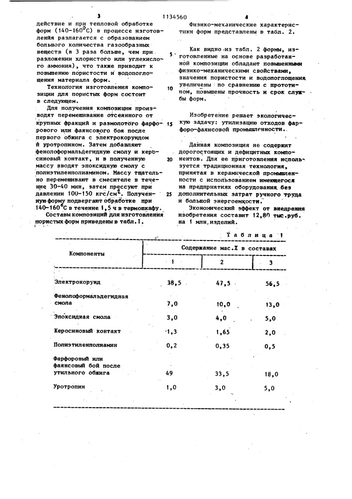 Композиция для изготовления пористых форм (патент 1134560)