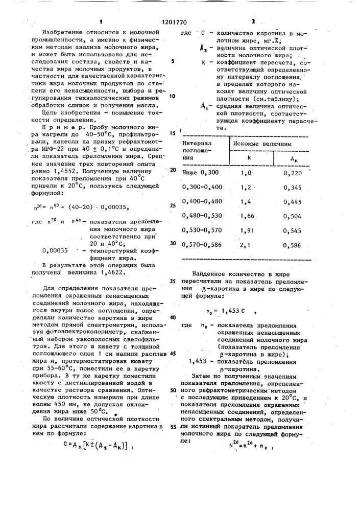 Способ определения показателя преломления молочного жира (патент 1201770)