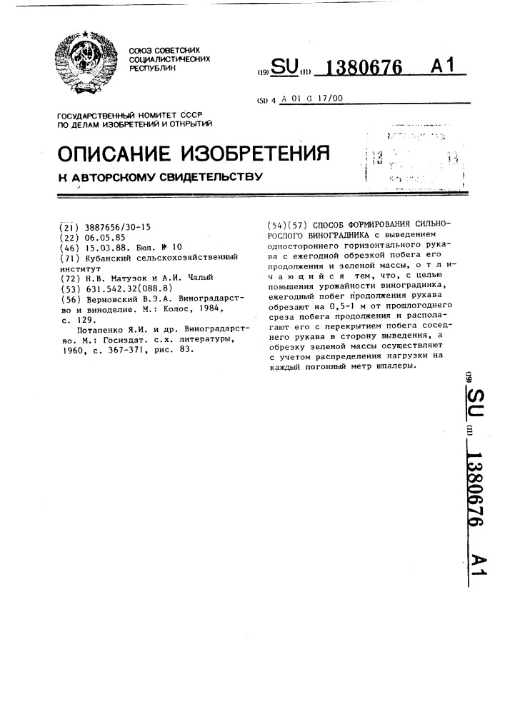 Способ формирования сильнорослого виноградника (патент 1380676)