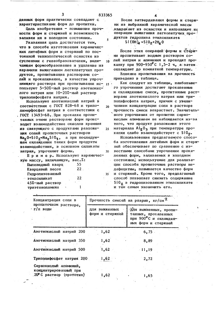 Способ изготовления керамическихлитейных форм и стержней (патент 833365)