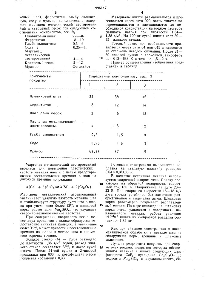 Электродное покрытие (патент 996147)