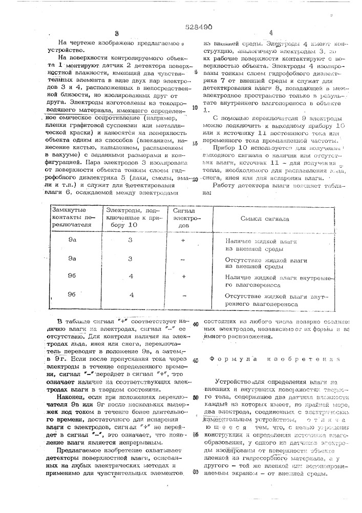 Устройство для определения влаги на внешних и внутренних поверхностях твердого тела (патент 528490)