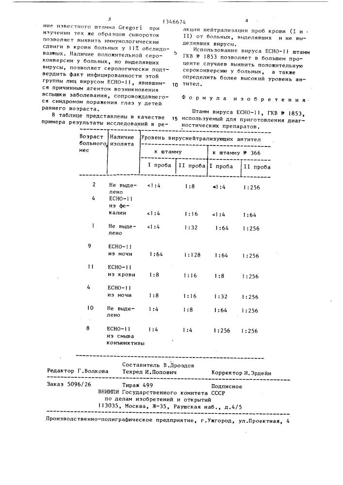 Штамм вируса есно-11 используемый для приготовления диагностических препаратов (патент 1346674)