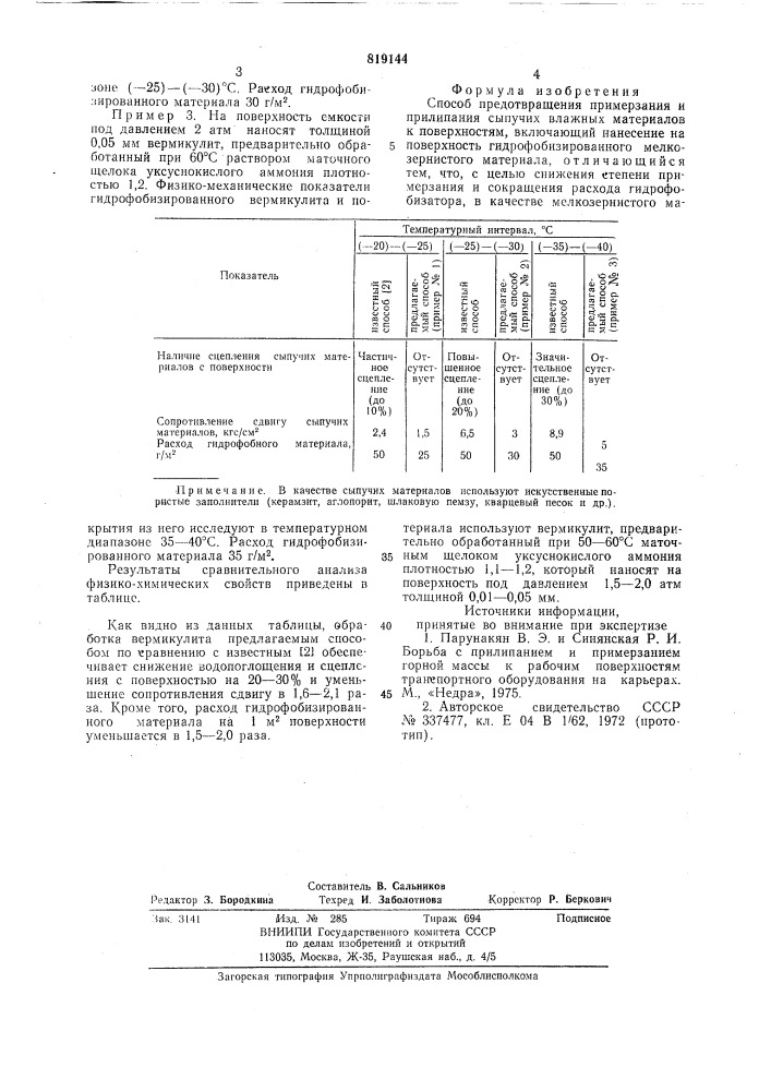 Способ предотвращения примерзания иприлипания сыпучих влажных материаловк поверхностям (патент 819144)