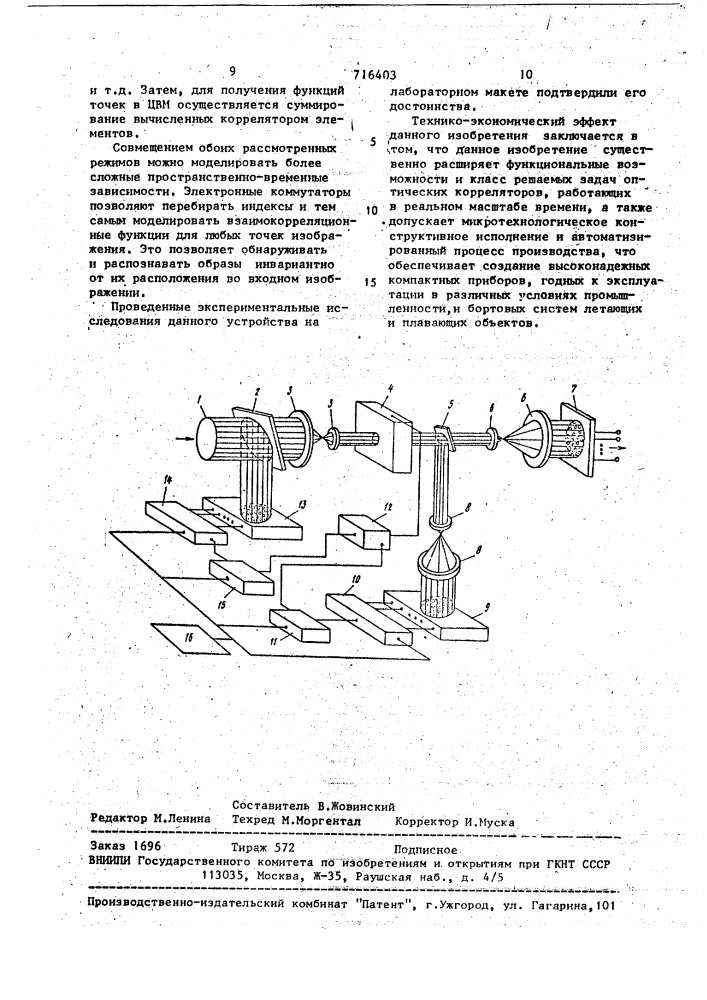 Оптический коррелятор для распознавания образцов (патент 716403)