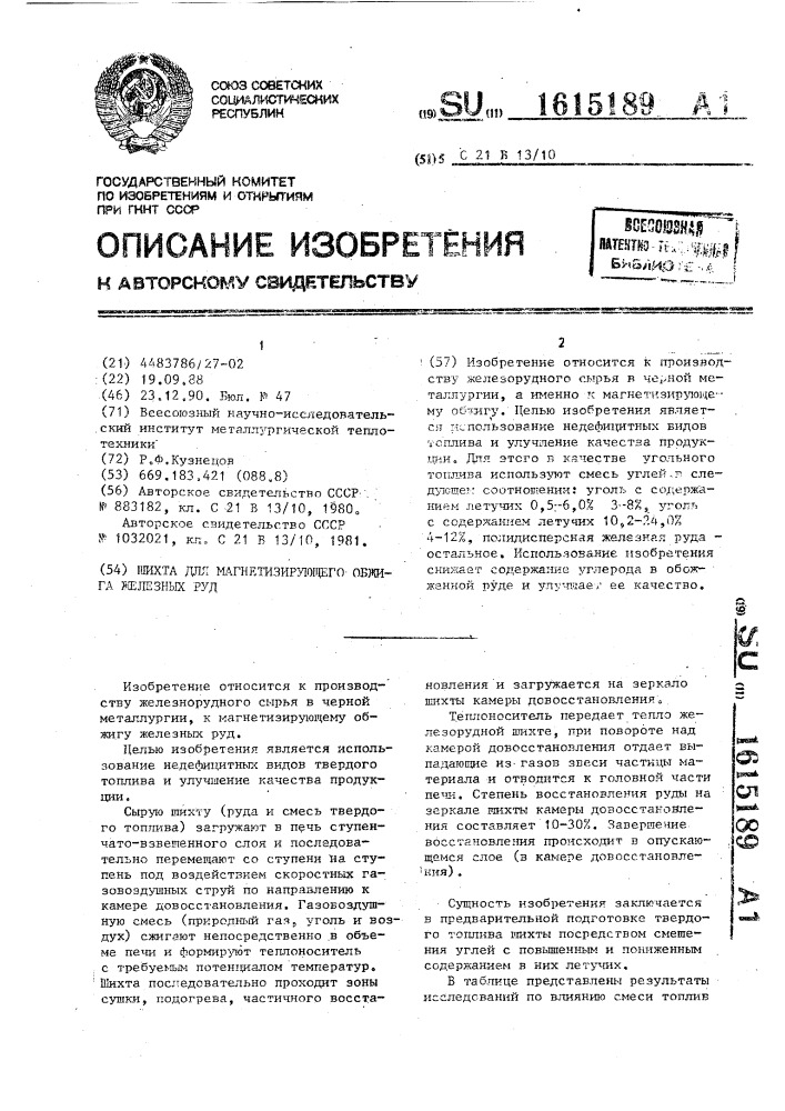Шихта для магнетизирующего обжига железных руд (патент 1615189)