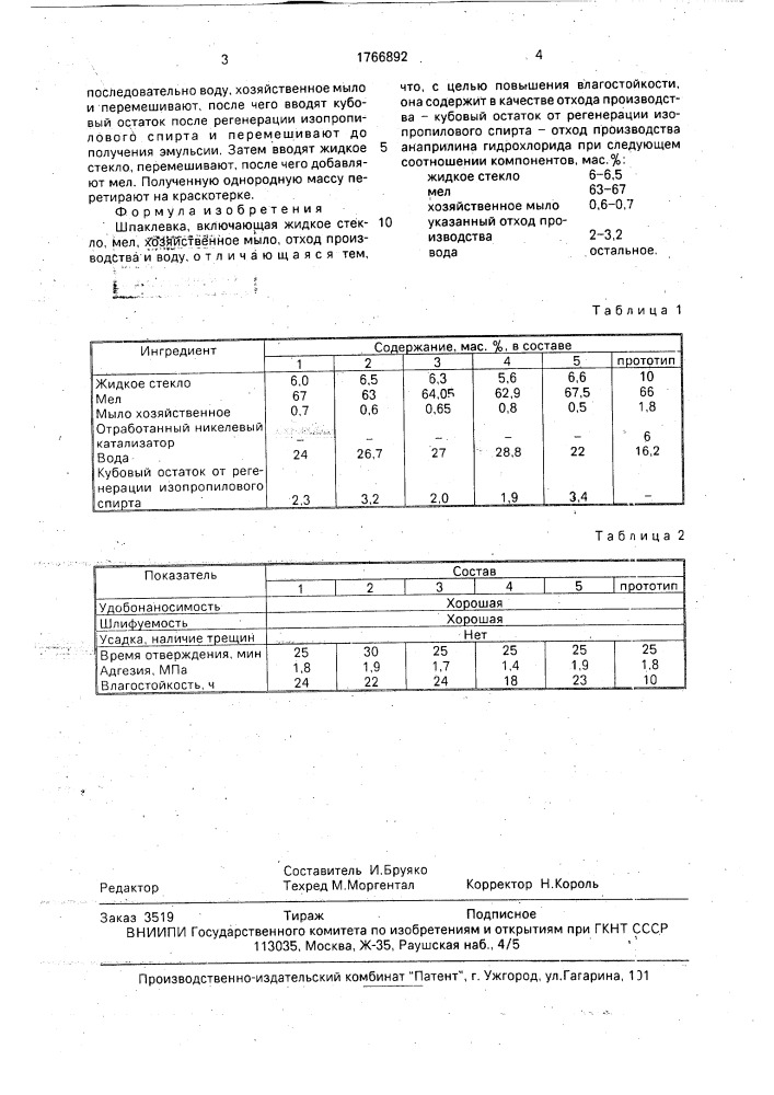 Шпаклевка (патент 1766892)