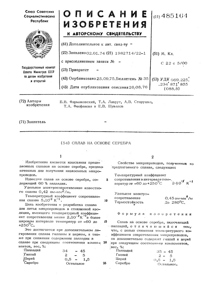 Сплав на основе серебра (патент 485164)