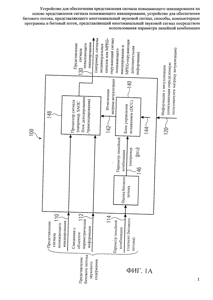 Устройство для обеспечения представления сигнала повышающего микширования на основе представления сигнала понижающего микширования, устройство для обеспечения битового потока, представляющего многоканальный звуковой сигнал, способы, компьютерные программы и битовый поток, представляющий многоканальный звуковой сигнал посредством использования параметра линейной комбинации (патент 2607267)