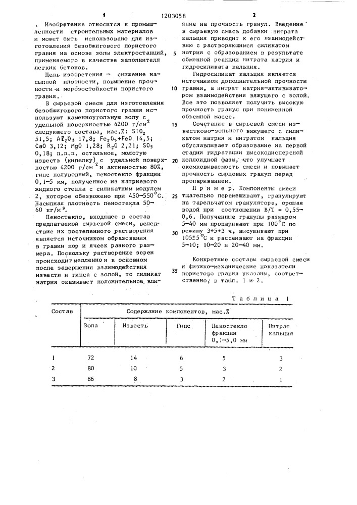 Сырьевая смесь для изготовления безобжигового пористого гравия (патент 1203058)