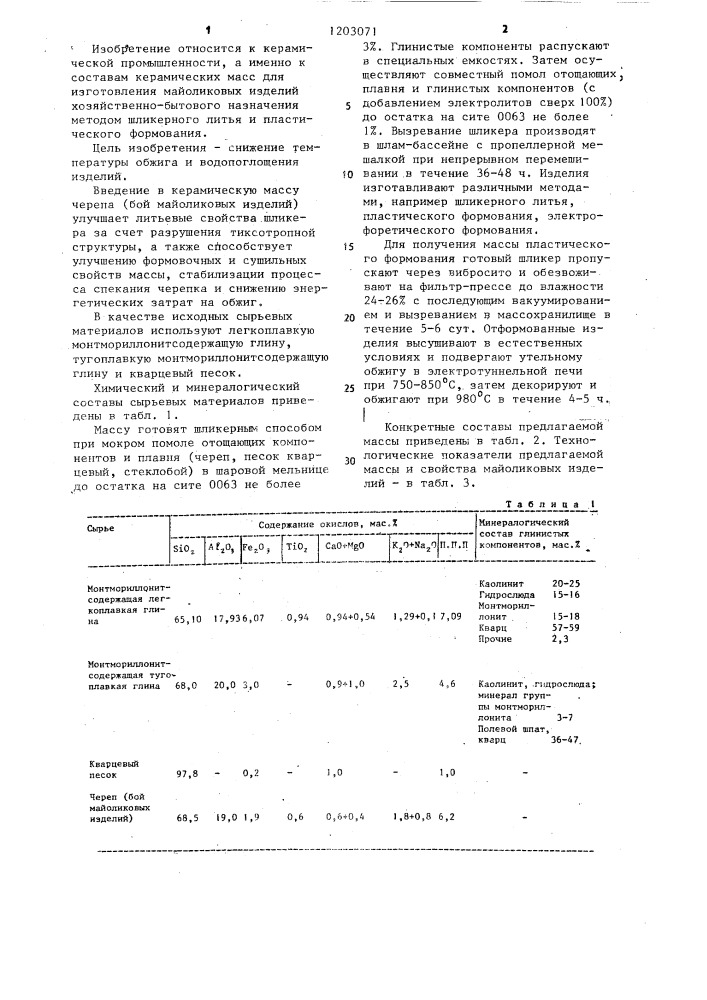 Керамическая масса (патент 1203071)